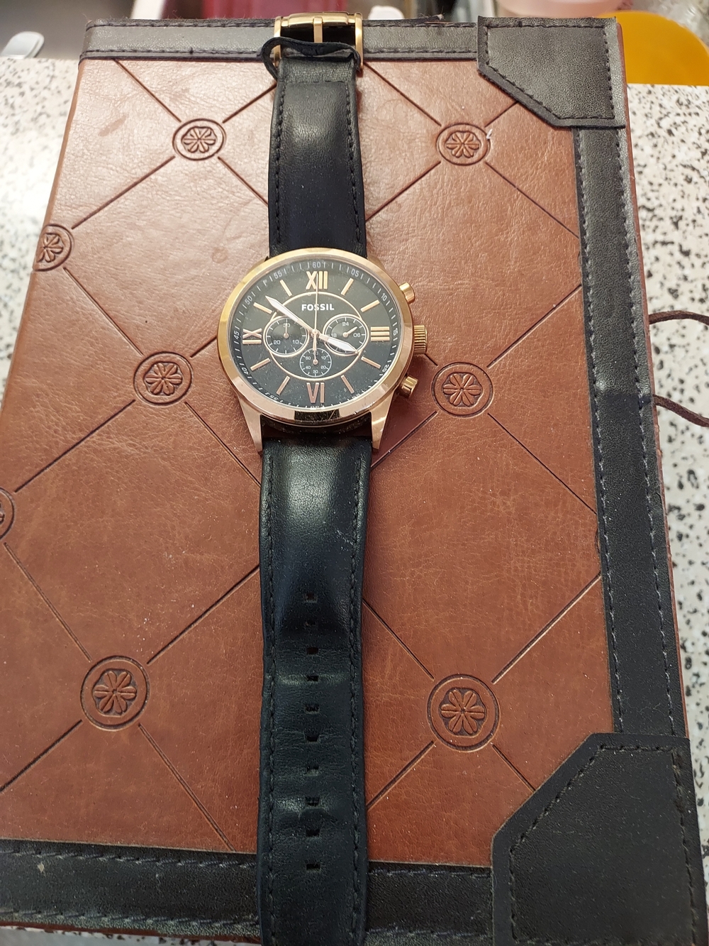 Fossil Men's Black Leather Strap Watch with Rose Gold Case